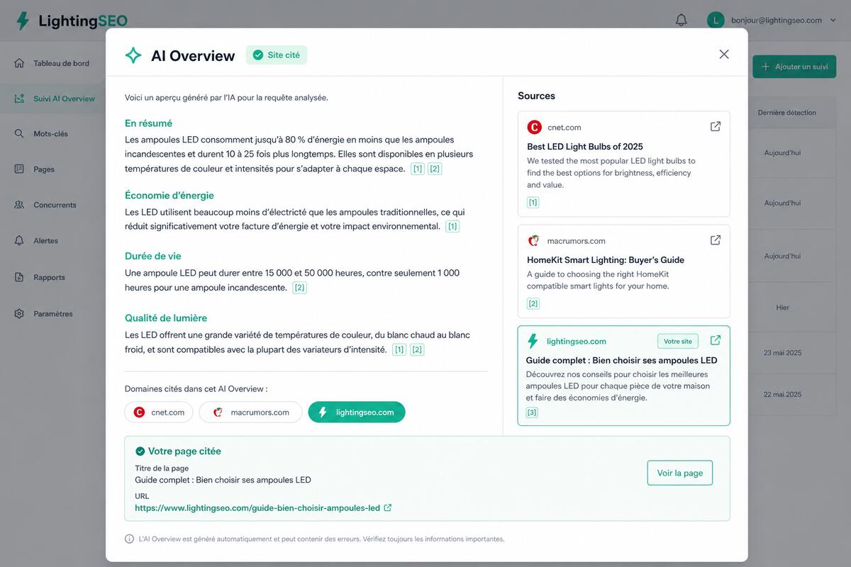 Google AI Overview modal preview in Lighting SEO